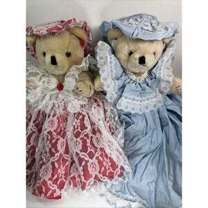 2 Vintage Bearly People Brown Plush Teddy Bear w Dress & Hat Kitschy Cottagecore